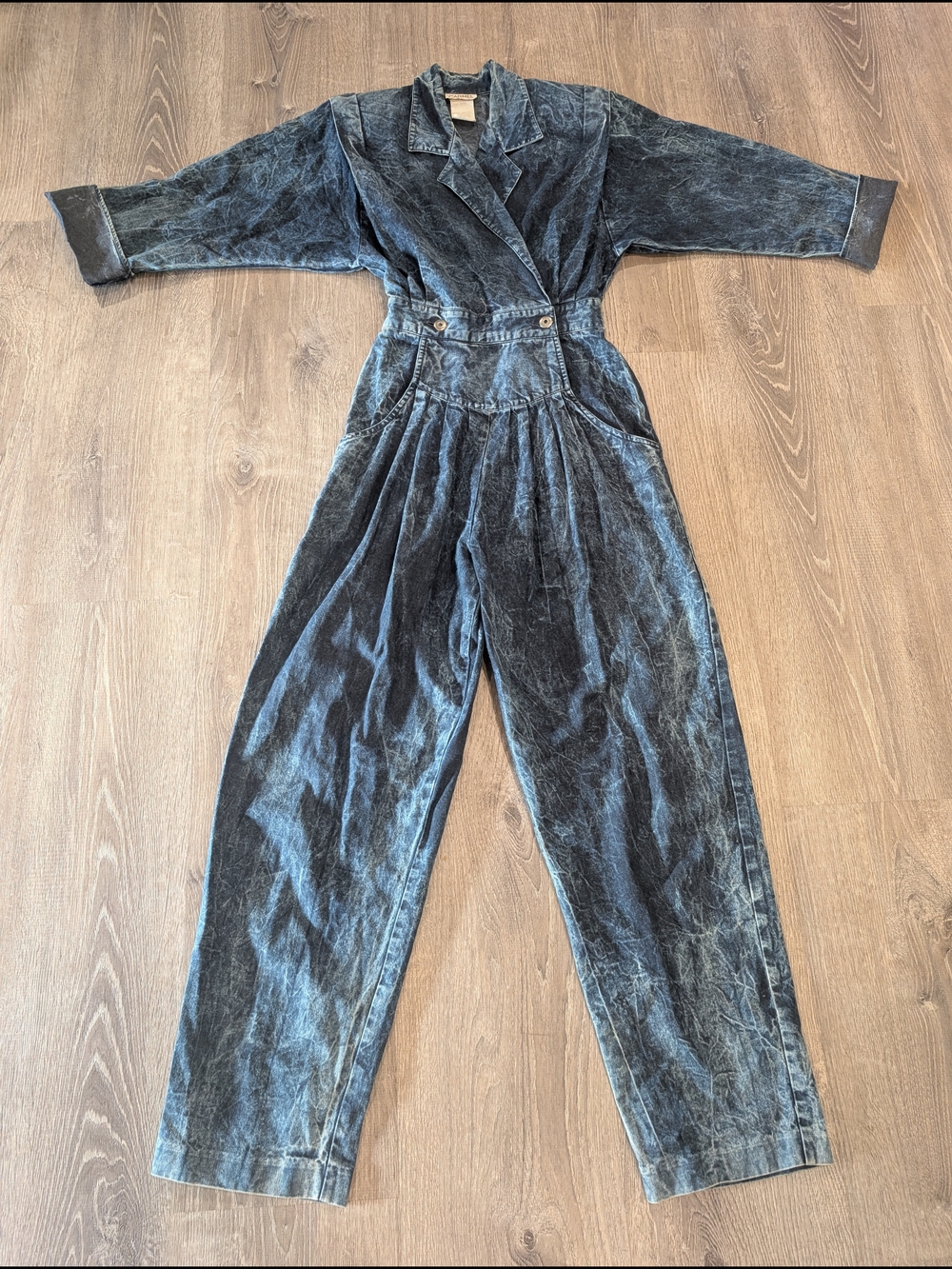 Vtg 1980s Carmel Dark Acid Wash Denim Boiler Suit Jumpsuit Pleated High Waist